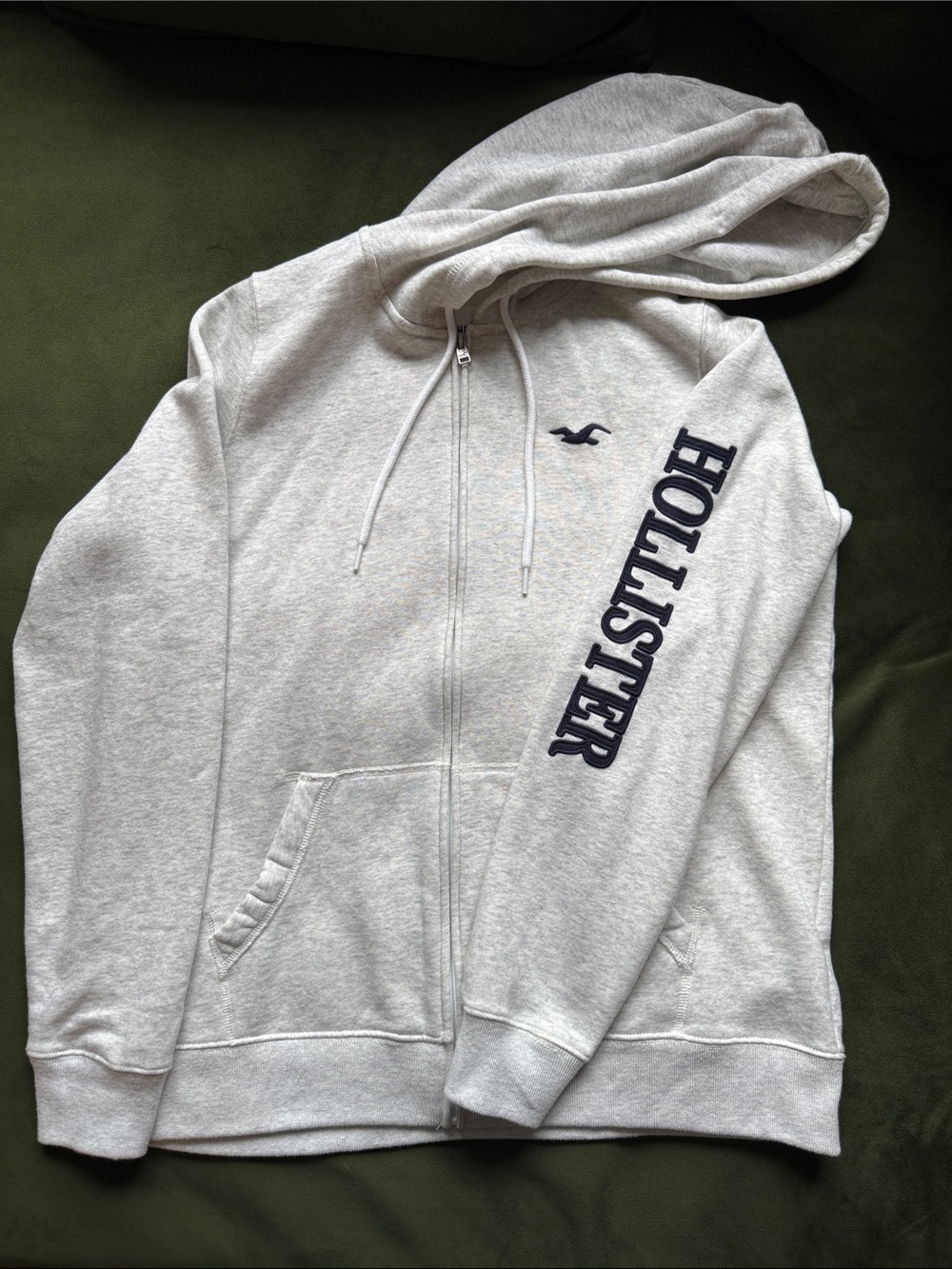 Hollister Heather Light Gray Full-Zip Hoodie with Navy Logo